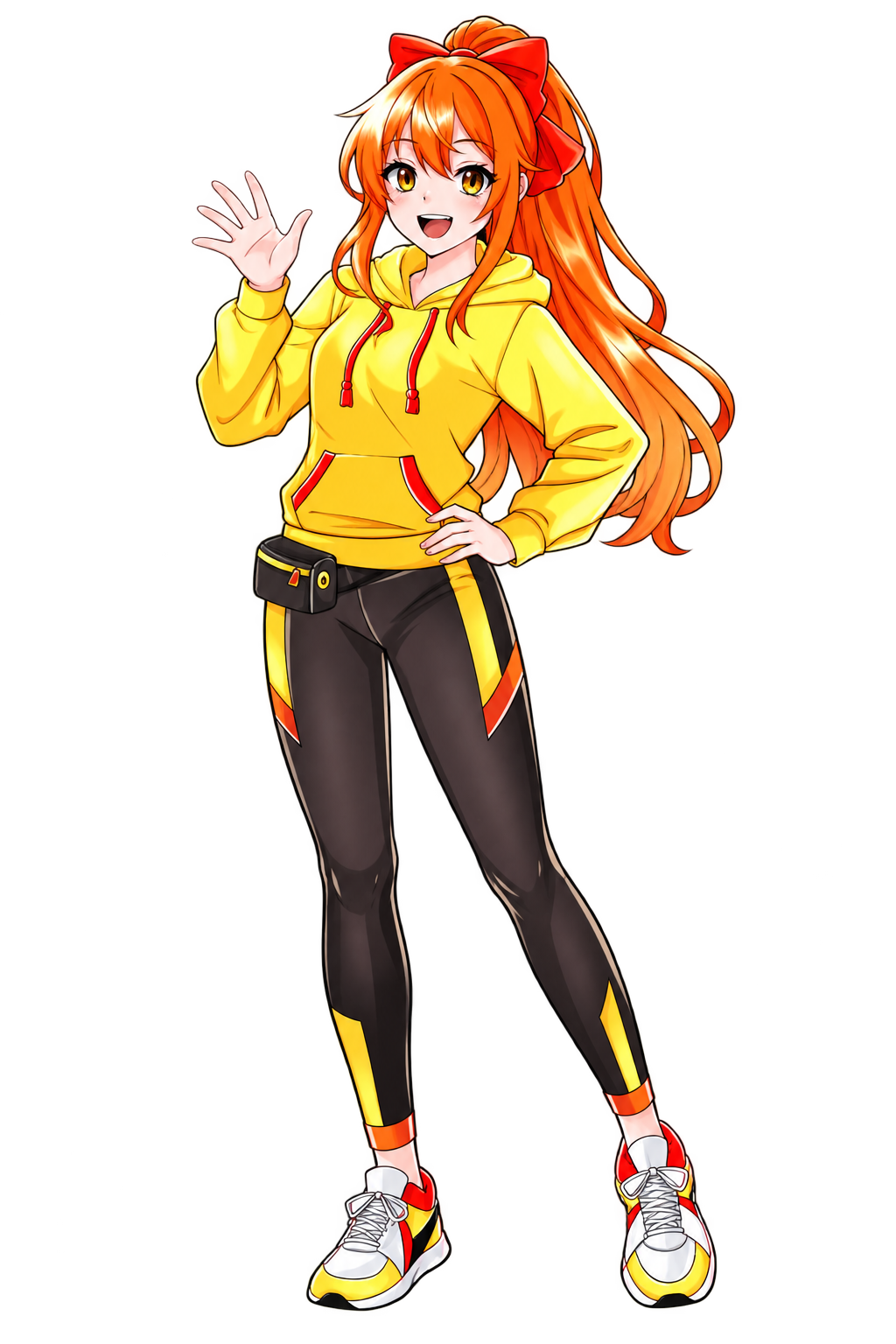 Mika Tachibana waving, wearing her yellow hoodie