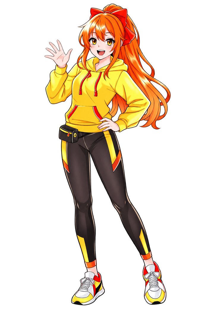 Mika Tachibana waving, wearing her yellow hoodie