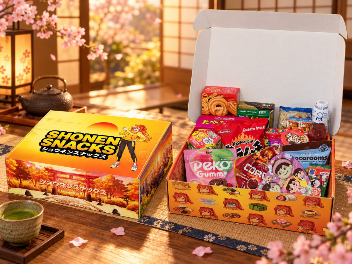 Shonen Snacks closed box beside an open box of Japanese snacks in a warm Japanese room.